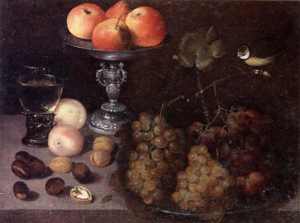 Georg Flegel Still life of grapes on a pewter dish,together with peaches,nuts,a glass roemer and a silver tazza containing apples and pears,and a blue-tit Norge oil painting art